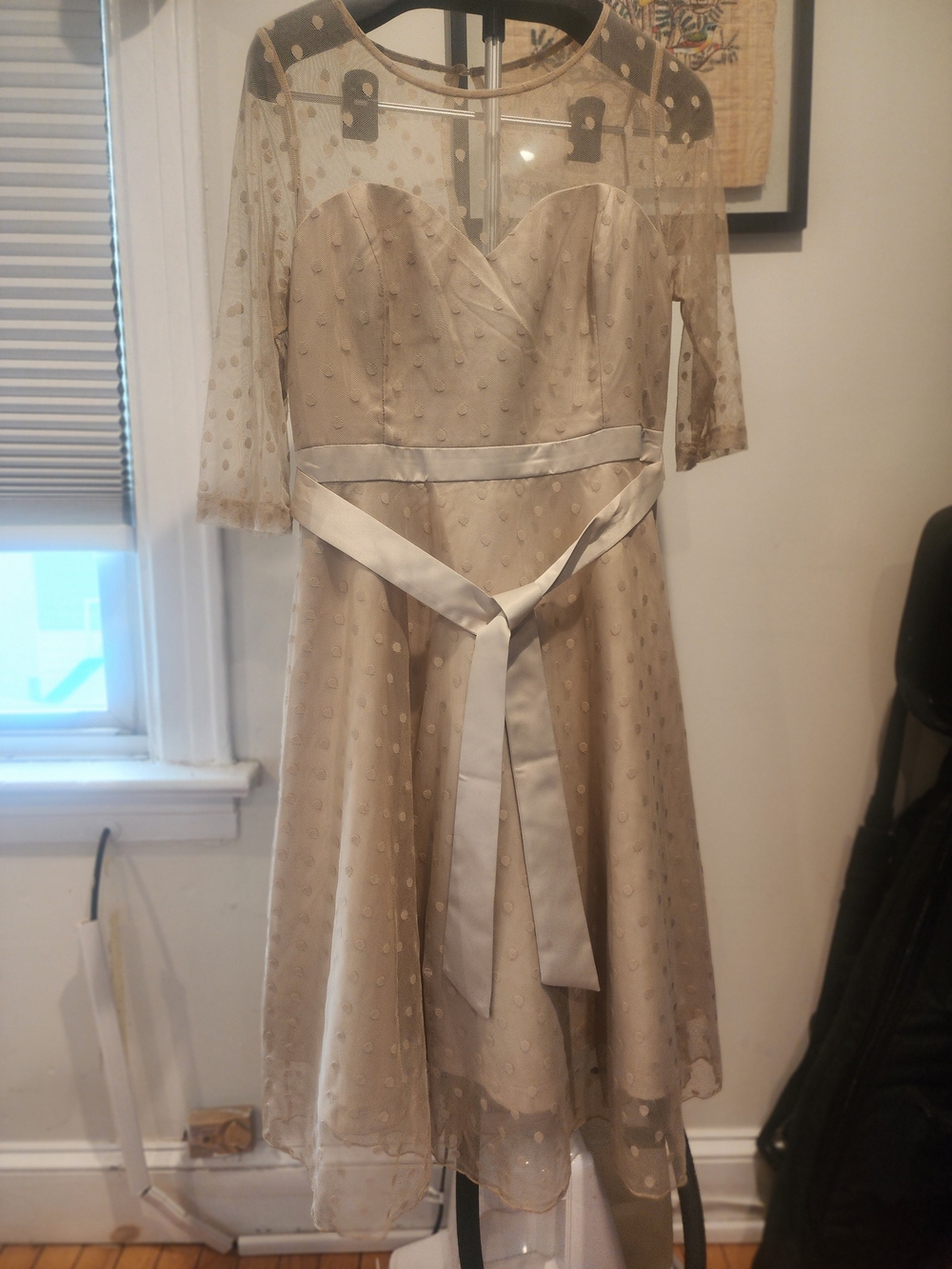 Lindy Bop Cream Polka Dot Midi Dress with Sheer Yoke and Sash